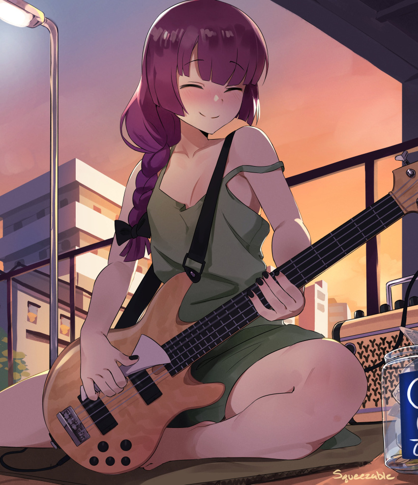 1girl absurdres artist_name barefoot bass_guitar black_bow black_nails blunt_bangs blush bocchi_the_rock! bow braid busking closed_eyes dress feet foot_out_of_frame green_dress hair_bow hair_over_shoulder highres hiroi_kikuri holding instrument long_hair purple_hair single_braid smile solo squeezable_(artist)