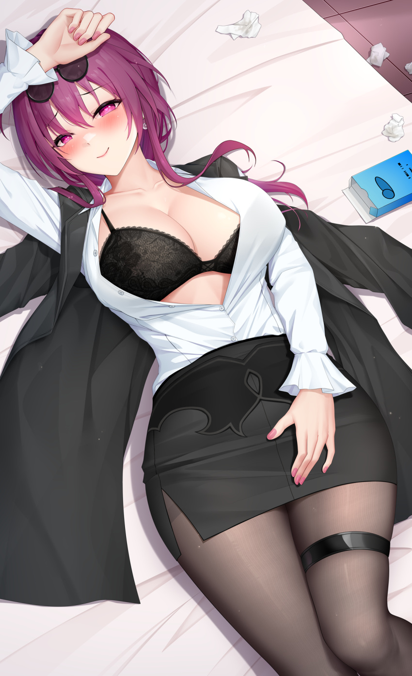 1girl arm_up bed_sheet black_bra black_jacket black_pantyhose black_skirt blush bra breasts closed_mouth collarbone dress_shirt earrings eyewear_on_head feet_out_of_frame heart heart-shaped_pupils high-waist_skirt highres honkai:_star_rail honkai_(series) jacket jacket_on_shoulders jewelry kafka_(honkai:_star_rail) large_breasts long_hair long_sleeves looking_at_viewer lrh0123 lying nail_polish on_back on_bed open_clothes open_shirt pantyhose pink_nails purple_eyes purple_hair round_eyewear shirt skirt smile solo sunglasses symbol-shaped_pupils thigh_strap underwear used_tissue white_shirt