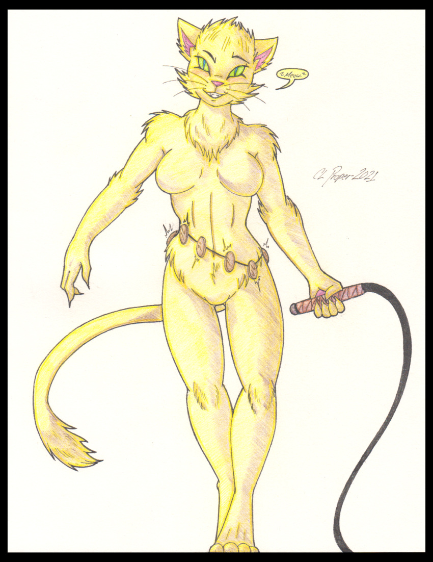 2021 4_toes anthro breasts catwoman colored_pencil_(artwork) cougar_leon dc_comics english_text feet felid feline female fur green_eyes hi_res humanoid looking_at_viewer mammal nude paws pupils selina_kyle_(character) simple_background slit_pupils smile solo tail teeth text toes traditional_media_(artwork) tuft yellow_body yellow_fur