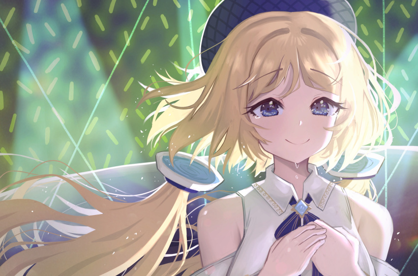 1girl aki_rosenthal black_headwear blonde_hair blue_bow blue_bowtie blue_brooch blue_eyes blue_journey_(hololive) bob_cut bow bowtie close-up detached_hair detached_sleeves glowstick highres hololive low_twintails nyu-tan94 penlight_(glowstick) short_hair smile solo tears twintails virtual_youtuber