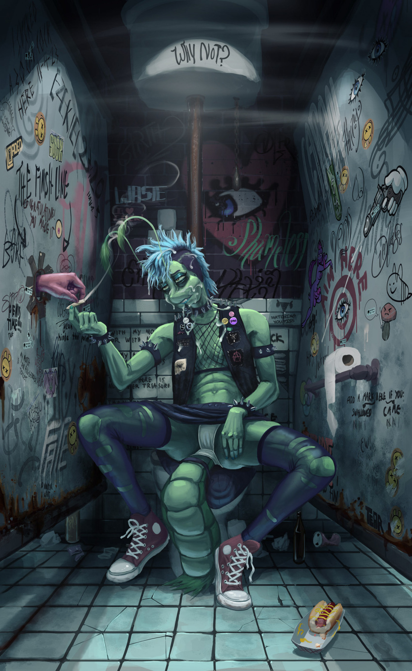 2023 absurd_res after_sex after_sex_smoking ambiguous_gender antennae_(anatomy) anthro arthropod bathroom blue_hair bodily_fluids camel_toe chirasul clothed clothing cum cum_on_face detailed_background drugs duo female female_focus fishnet fishnet_clothing fishnet_topwear front_view full-length_portrait genital_fluids genital_outline glory_hole graffiti green_body hair hi_res insect karine_(chirasul) lepidopteran marijuana moth mutt_moth panties portrait public_restroom pussy_outline restroom_stall smoking solo_focus spread_legs spreading toilet toilet_paper topwear underwear vest white_clothing white_panties white_underwear