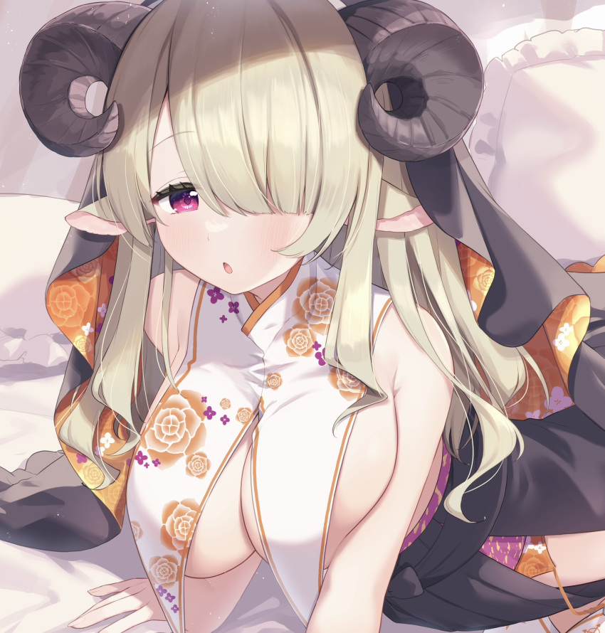 1girl :o animal_ears arm_support artist_request asymmetrical_bangs bare_shoulders black_skirt black_veil blonde_hair blunt_bangs blush breast_curtains breasts check_artist commentary_request curled_horns detached_collar hair_over_one_eye highres hip_vent horns indie_virtual_youtuber inori_marie ksk_(semicha_keisuke) large_breasts long_hair looking_at_viewer nun on_bed open_mouth red_eyes second-party_source sheep_ears sheep_girl sheep_horns skirt solo upper_body veil virtual_youtuber