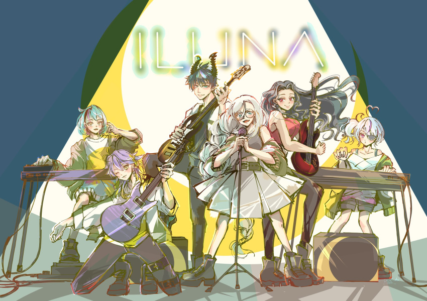 3boys 3girls ahoge aia_amare alternate_costume aqua_eyes aster_arcadia band black_hair black_horns black_pants blonde_hair blue_hair braid commentary english_commentary eyepatch full_body heart heart_ahoge highres horns iluna_(nijisanji) instrument keyboard_(instrument) kyo_kaneko long_hair maria_marionette medium_hair microphone_stand multicolored_hair multiple_boys multiple_girls nijisanji nijisanji_en one_eye_closed pants pink_eyes pink_hair playing_guitar pleated_skirt purple_eyes purple_hair red_eyes ren_zotto ricardo_(ricardoodle365) scarle_yonaguni side_ponytail single_braid skirt streaked_hair very_long_hair virtual_youtuber wavy_hair white_skirt