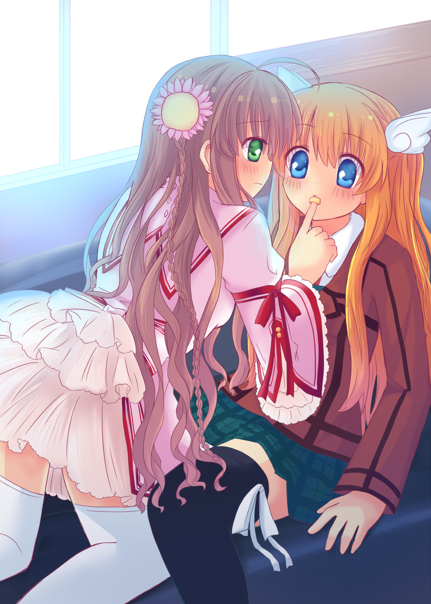 2girls absurdres ahoge all_fours arm_at_side black_thighhighs bloom blush braid brown_hair brown_jacket canaca_chiyuri closed_mouth commentary_request couch dress embarrassed eyes_visible_through_hair feet_out_of_frame finger_to_another's_mouth flirting flower frilled_dress frilled_sleeves frills frown girl_on_top green_eyes green_skirt hair_between_eyes hair_flower hair_ornament hair_spread_out highres index_finger_raised indoors jacket juliet_sleeves kanbe_kotori kazamatsuri_institute_high_school_uniform long_hair long_sleeves looking_at_another looking_down miniskirt multiple_girls on_couch ootori_chihaya orange_hair pink_dress pink_flower plaid plaid_skirt pleated_skirt profile puffy_sleeves red_ribbon rewrite ribbon school_uniform short_dress sidelocks sitting skirt straight_hair surprised thighhighs twin_braids two_side_up very_long_hair wavy_hair wavy_mouth white_ribbon white_thighhighs wide_sleeves window wing_hair_ornament yuri zettai_ryouiki