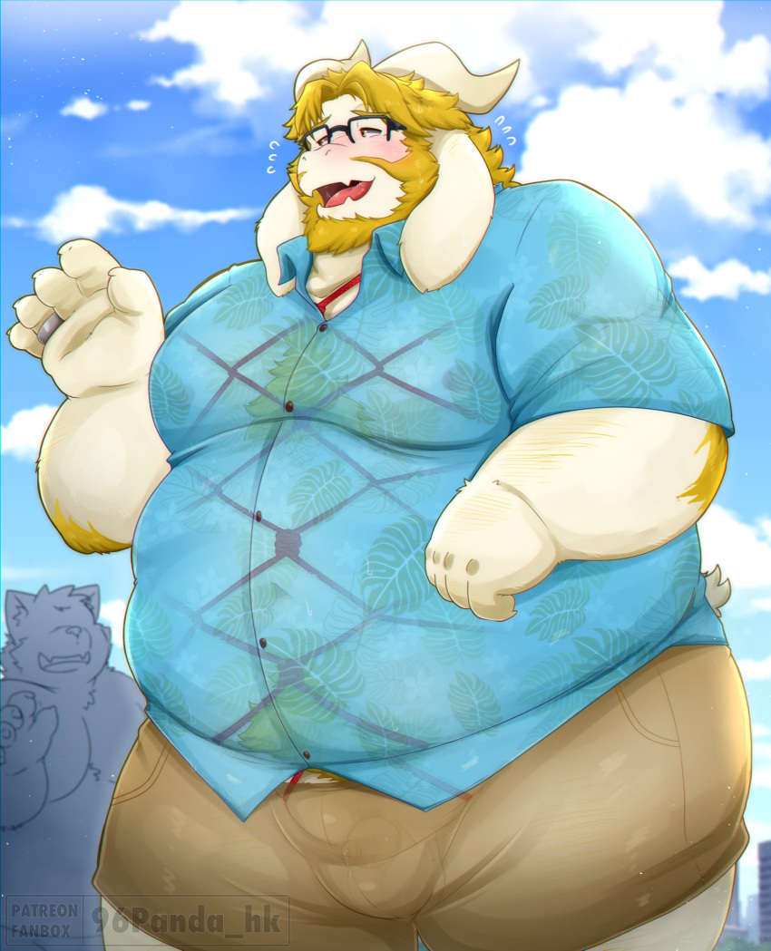 2023 96panda anthro asgore_dreemurr balls barely_visible_balls barely_visible_genitalia barely_visible_penis bdsm belly big_belly blush bondage bottomwear bound bovid bovine clothing cloud duo eyewear genitals glasses hi_res humanoid_hands kemono male mammal mature_male outside overweight overweight_male penis restraints rope rope_bondage rope_harness shirt shorts small_penis solo topwear translucent translucent_clothing undertale_(series)