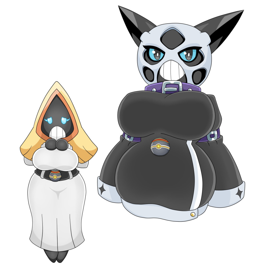 belt big_breasts black_body black_clothing black_eyes blue_eyes bottomwear breasts clothed clothing collar duo female generation_3_pokemon glalie hi_res horn huge_breasts humanoid legless nintendo not_furry pokeball pokemon pokemon_(species) shirt simple_background skirt snorunt teeth topwear urusee584 white_background white_clothing