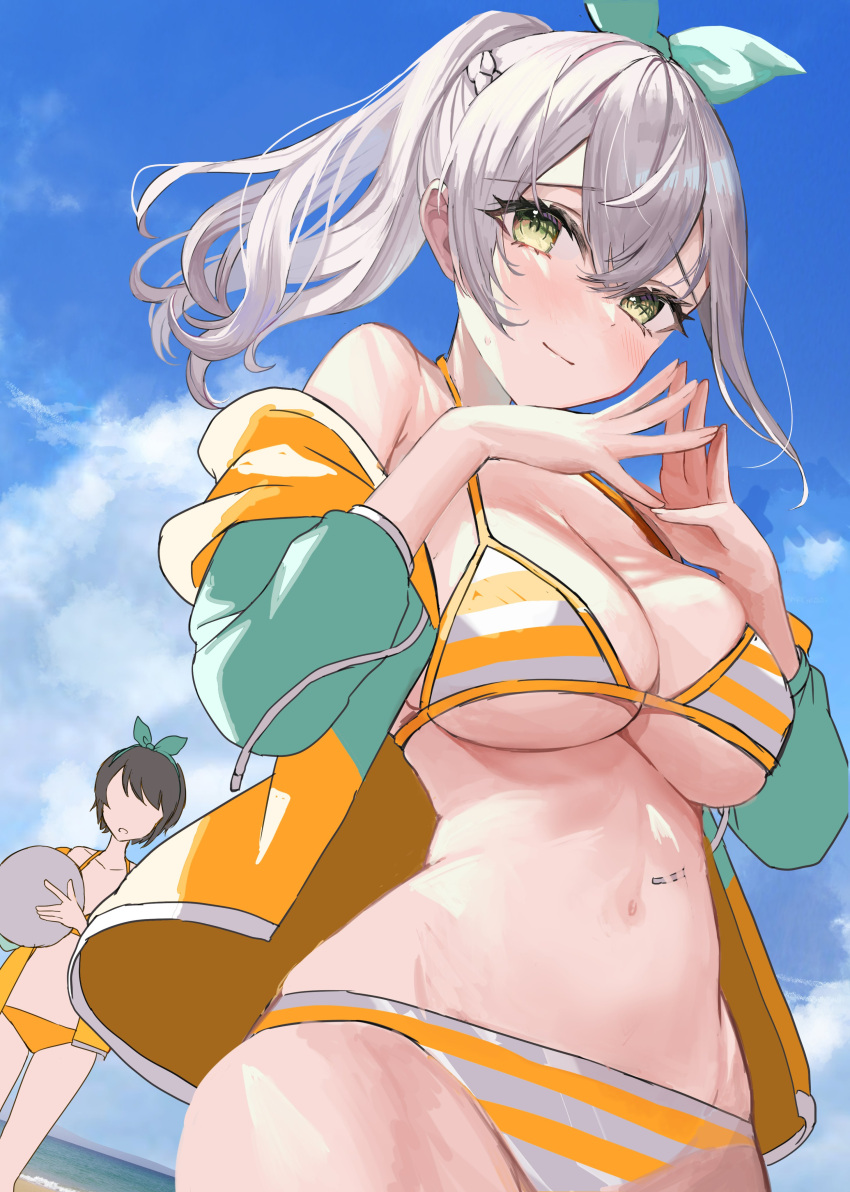 2girls absurdres ball bare_shoulders beach beachball bikini blue_sky blush bow braid breasts character_request cleavage cloud cowboy_shot day faceless faceless_female fingernails green_eyes grey_hair hair_between_eyes hair_bow hair_ornament highres hololive jacket jacket_partially_removed large_breasts light_blush light_smile long_hair looking_at_viewer looking_down multiple_girls navel ocean oozora_subaru open_clothes open_jacket own_hands_together ponytail rum_raisin_(chihiromakita19) shirogane_noel sidelocks sky smile solo standing stomach striped striped_bikini swimsuit thick_eyelashes water yellow_bikini