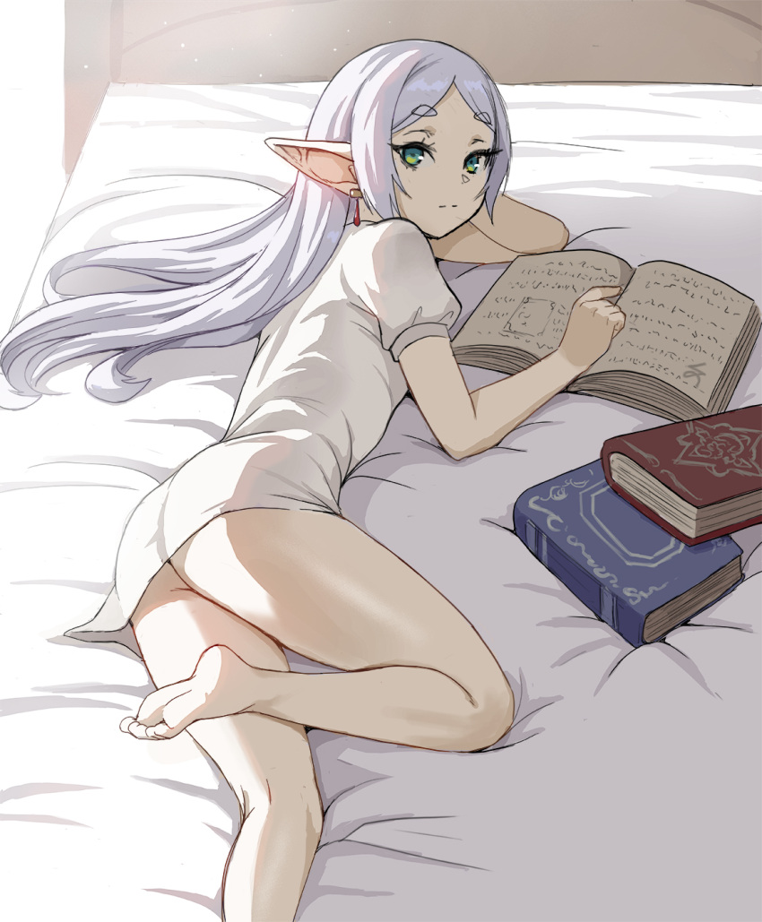 bed bed_sheet bedding biped book butt clothed clothing elf feet female frieren frieren_beyond_journey's_end furniture hi_res humanoid humanoid_pointy_ears looking_at_viewer looking_back looking_back_at_viewer solo zefrableu