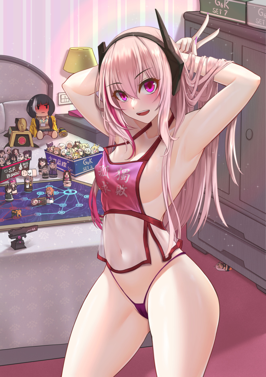 1girl agent_(girls'_frontline) architect_(girls'_frontline) armpits arms_up banana_(girls'_frontline) blush breasts chinese_commentary commentary_request destroyer_(girls'_frontline) g11_(girls'_frontline) girls'_frontline hands_in_hair highres hk416_(girls'_frontline) indoors large_breasts long_hair looking_at_viewer m4_sopmod_ii_(girls'_frontline) multicolored_hair nail_polish navel open_mouth ouroboros_(girls'_frontline) panties pink_hair pink_panties popoman purple_nails ro635_(girls'_frontline) see-through smile springfield_(girls'_frontline) st_ar-15_(girls'_frontline) streaked_hair thighs ump45_(girls'_frontline) ump9_(girls'_frontline) underwear wa2000_(girls'_frontline)