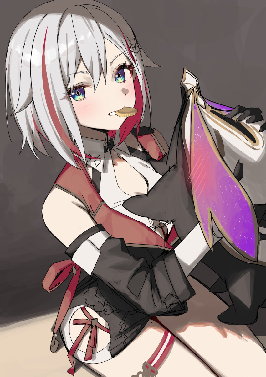 1girl absurdres bare_shoulders black_dress blue_eyes buttons collared_shirt commentary cropped_legs detached_sleeves double-breasted dress food_in_mouth gradient_eyes grey_background grey_hair hair_between_eyes highres honkai:_star_rail honkai_(series) looking_at_viewer mole mole_on_thigh multicolored_eyes multicolored_hair numby_(honkai:_star_rail) red_hair red_ribbon ribbon shirt sitting streaked_hair syhan thighs topaz_(honkai:_star_rail) warp_trotter_(honkai:_star_rail) white_shirt yellow_eyes