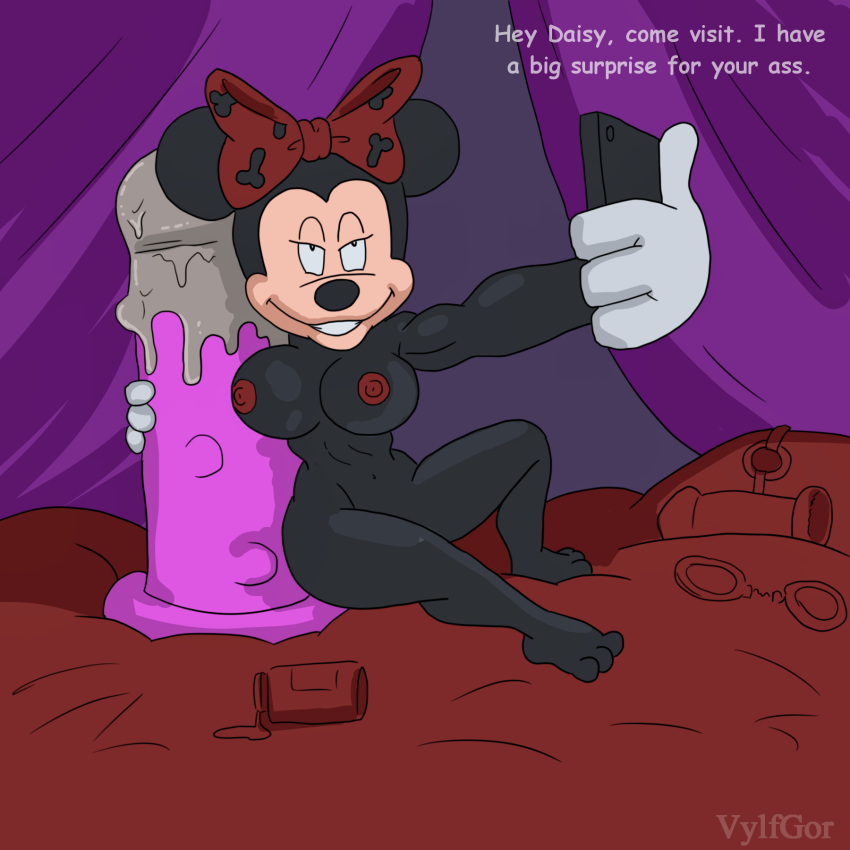 anthro areola bed bedroom_eyes big_breasts big_dildo black_body black_fur black_hair black_nose breasts cellphone clothing digital_media_(artwork) dildo disney female fur furniture gloves hair half-closed_eyes handwear hi_res light_body light_skin looking_at_another mammal minnie_mouse mouse murid murine narrowed_eyes nude phone rodent seductive sex_toy short_hair smartphone smile solo text vylfgor