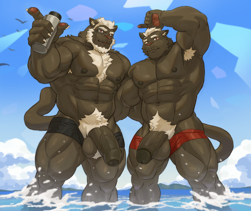 2022 abs absurd_res anthro armpit_hair balls beach beard biceps black_body black_fur body_hair chest_tuft clothing cloud duo eyewear facial_hair father father_and_child father_and_son felid fur genitals hair hi_res imato island male male/male mammal monocle muscular muscular_anthro muscular_male muscular_thighs nipples nude obliques oecan pantherine parent parent_and_child pawpads pecs penis posing_for_picture pubes quads red_eyes seaside shiso_(omyurice) sky son swimming_trunks swimwear tuft umezu_(omyurice) water water_bottles white_beard white_hair