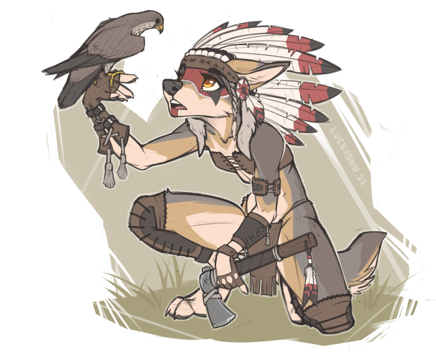 absurd_res accipitrid accipitriform anthro avian axe bird bodypaint bottomwear canid canine canis clothing face_paint female feral hat_feather headgear headwear hi_res loincloth loose_feather luckyonn mammal native_american solo tomahawk wolf