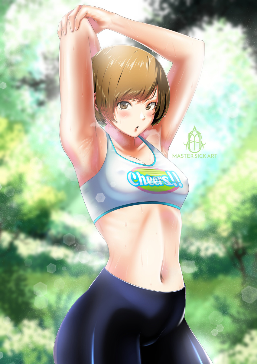 1girl absurdres armpits arms_up artist_logo artist_name bike_shorts blue_shorts blue_sports_bra blurry blurry_background blush breath brown_eyes brown_hair collarbone commentary contrapposto covered_nipples cowboy_shot depth_of_field english_commentary english_text eyelashes highres lens_flare looking_at_viewer mastersickart medium_hair navel open_mouth outdoors parted_bangs persona persona_4 saliva satonaka_chie shiny_skin shorts sleeveless solo sports_bra steaming_body sweat sweatdrop swept_bangs thighs