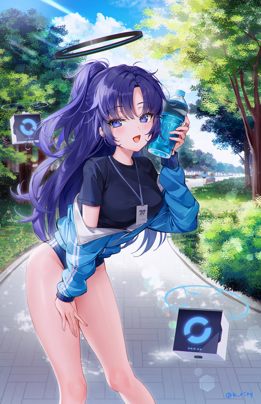 1girl black_shirt blue_archive blue_buruma blue_jacket blue_sky bottle breasts buruma bush cloud day gym_uniform halo highres holding id_card jacket long_hair looking_at_viewer medium_breasts official_alternate_costume open_mouth outdoors park partially_unzipped ponytail purple_eyes purple_hair rity shirt sky smile solo standing star_(symbol) sticker_on_face thighs track_jacket tree twitter_username very_long_hair water_bottle yuuka_(blue_archive) yuuka_(track)_(blue_archive)