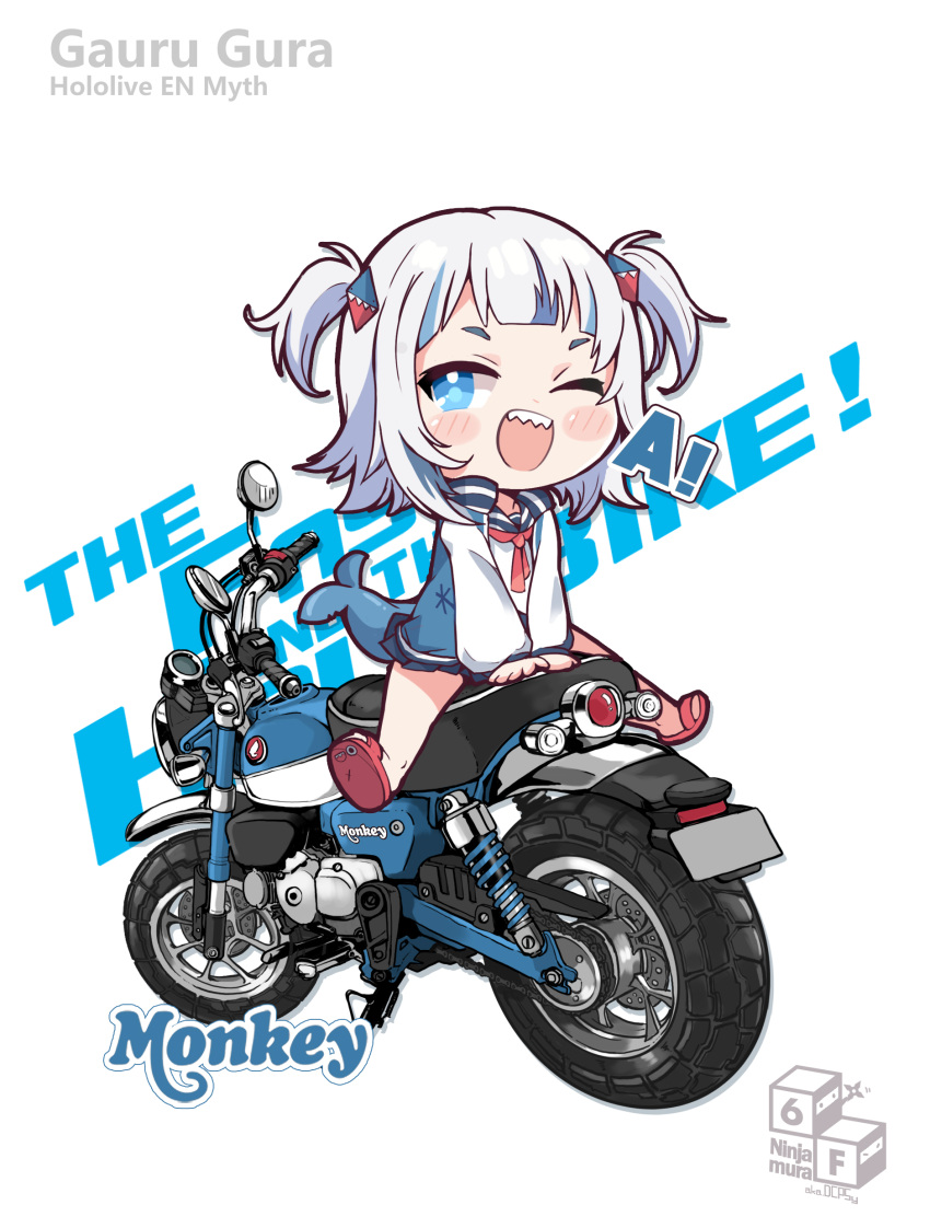 1girl a_(phrase) absurdres blue_eyes blush character_name chibi commentary copyright_name english_text engrish_text fins fish_tail gawr_gura highres hololive hololive_english honda_monkey looking_at_viewer medium_hair motor_vehicle motorcycle multicolored_hair one_eye_closed open_mouth ranguage sandals school_uniform shark_girl shark_tail sharp_teeth short_twintails streaked_hair tail teeth twintails virtual_youtuber white_background white_hair yoyoko707