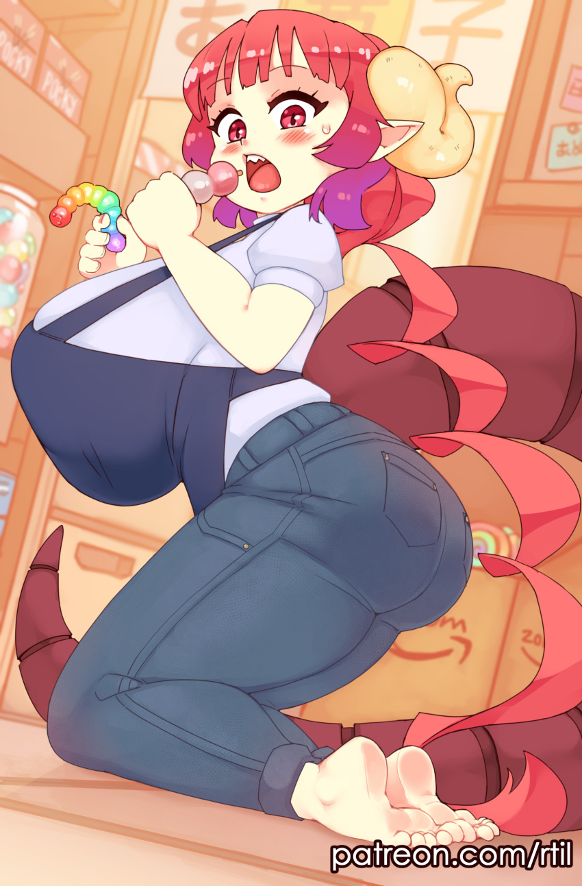 1girl absurdres apron ass barefoot black_apron blush breasts candy candy_store denim dragon_girl dragon_horns dragon_tail food from_below from_side highres horns huge_breasts ilulu_(maidragon) indoors jeans kneeling kobayashi-san_chi_no_maidragon looking_at_viewer open_mouth pants red_hair rtil sharp_teeth shop short_hair short_sleeves soles solo tail teeth