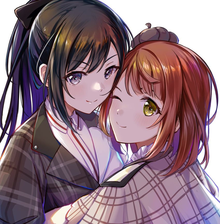 2girls black_eyes black_hair blunt_bangs deerstalker detective grey_eyes hat highres hug long_hair love_live! love_live!_nijigasaki_high_school_idol_club medium_hair multiple_girls orange_hair pink_hair ponytail portrait setsu_(qjsj1993aa) shirt sidelocks swept_bangs uehara_ayumu white_shirt yellow_eyes yuri yuuki_setsuna_(love_live!)