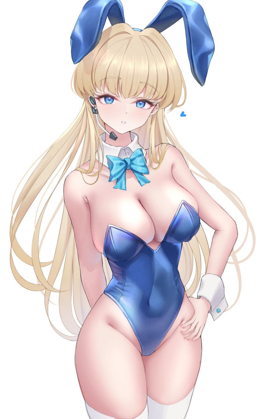 1girl absurdres animal_ears aqua_bow aqua_bowtie arm_behind_back azuma_(sospower73) blonde_hair blue_archive blue_leotard bow bowtie breasts cleavage covered_navel detached_collar fake_animal_ears groin hand_on_own_hip headset heart highleg highleg_leotard highres large_breasts leotard long_hair looking_at_viewer no_halo official_alternate_costume playboy_bunny rabbit_ears simple_background solo strapless strapless_leotard thighhighs toki_(blue_archive) toki_(bunny)_(blue_archive) very_long_hair white_background white_thighhighs wrist_cuffs