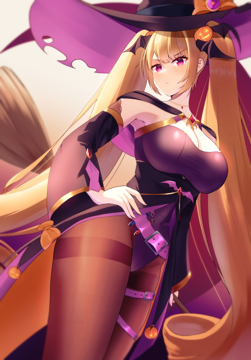 1girl azur_lane bat_hair_ornament belt black_pantyhose blonde_hair blush breasts broom cape cleavage food-themed_hair_ornament gem hair_ornament halloween halloween_costume hat highres holding holding_broom jack-o'-lantern jack-o'-lantern_hair_ornament large_breasts leotard long_hair looking_at_viewer nelson_(azur_lane) nelson_(luna_witch)_(azur_lane) official_alternate_costume pantyhose potion pumpkin_hair_ornament purple_leotard red_eyes red_gemstone solo tako-san_wiener_(takosanuma) taut_leotard thighband_pantyhose twintails very_long_hair witch_hat