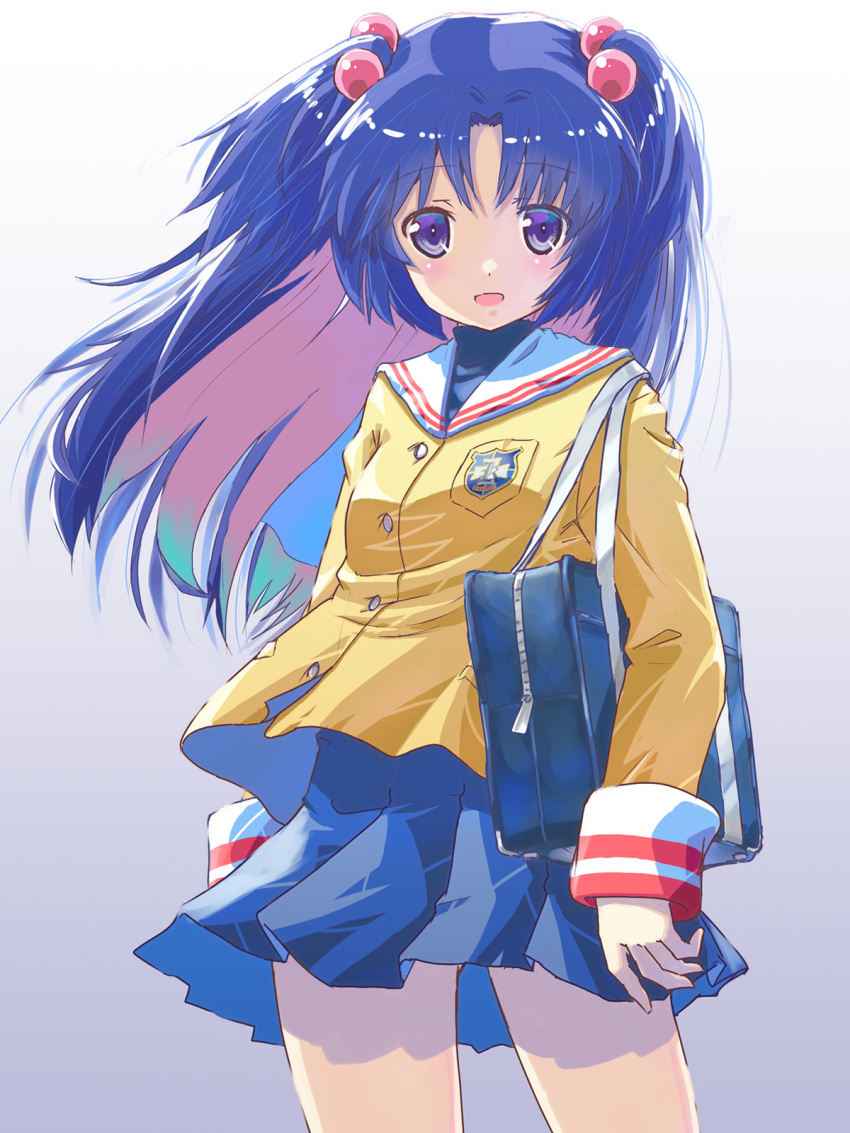 1girl :d akayama_yukihe bag blue_hair blue_skirt blush clannad commentary cowboy_shot eyes_visible_through_hair floating_clothes floating_hair grey_background hair_bobbles hair_ornament highres hikarizaka_private_high_school_uniform holding holding_bag ichinose_kotomi jacket long_hair long_sleeves looking_at_viewer miniskirt open_mouth parted_bangs pleated_skirt purple_eyes sailor_collar school_bag school_uniform simple_background skirt smile solo standing two_side_up white_sailor_collar wind wind_lift yellow_jacket