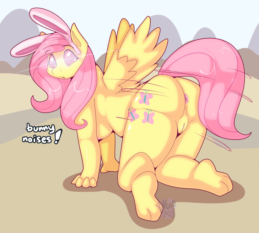 2023 all_fours anthro anus breasts butt cutie_mark day digital_media_(artwork) equid equine fake_ears fake_rabbit_ears feathered_wings feathers female fluttershy_(mlp) friendship_is_magic genitals hair hasbro hi_res looking_at_viewer mammal maynara mind_control my_little_pony nipples nude open_mouth outside pegasus pink_eyes pink_hair pussy solo spiral_eyes wings yellow_body