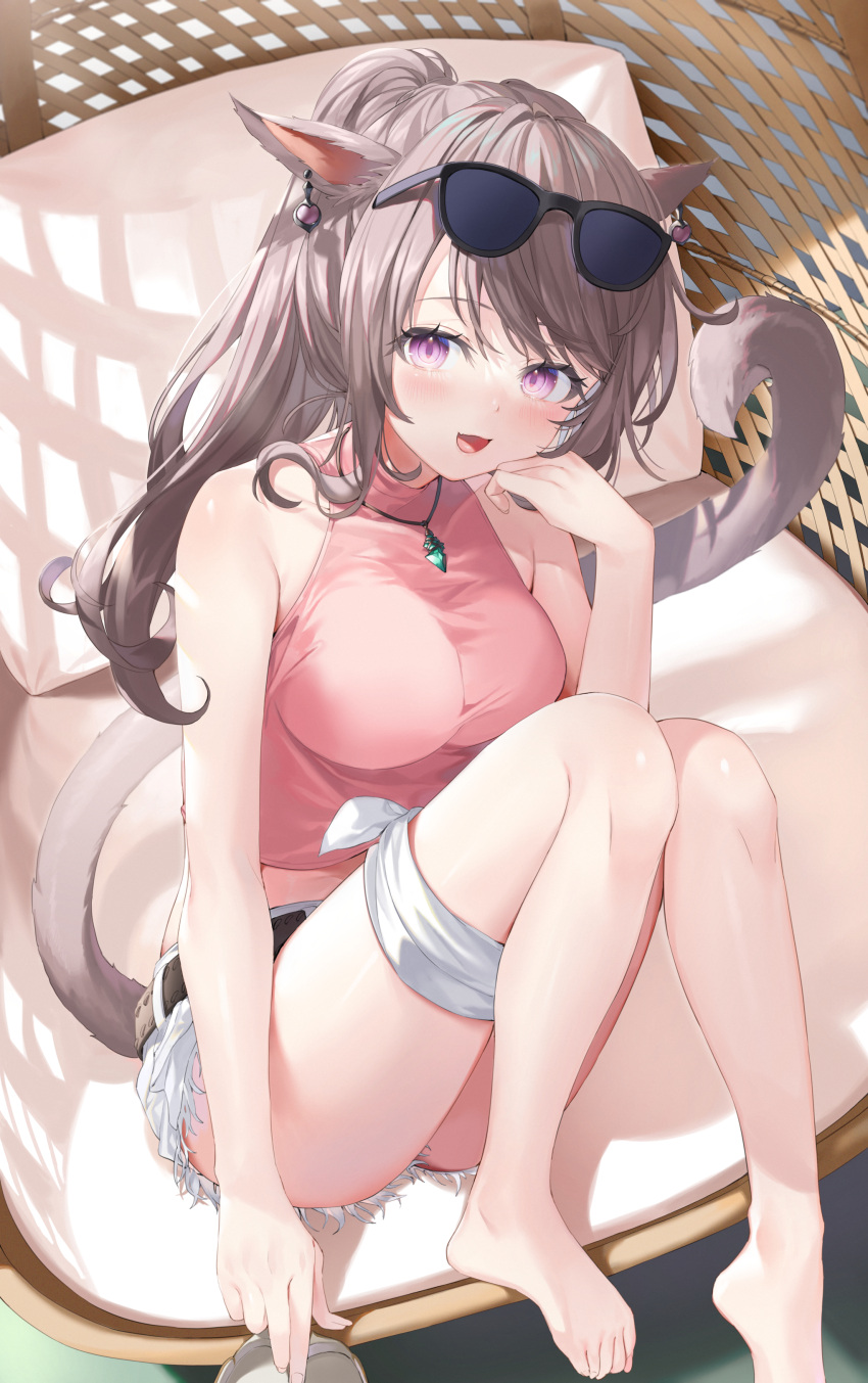 1girl absurdres animal_ears bare_arms bare_legs bare_shoulders barefoot belt black-framed_eyewear breasts brown_hair cat_ears cat_tail commission crop_top cutoffs earrings eyewear_on_head final_fantasy final_fantasy_xiv hand_up highres jewelry knees_up long_hair looking_at_viewer medium_breasts midriff miqo'te necklace open_mouth pink_eyes pink_shirt ponytail shirt short_shorts shorts sitting skeb_commission sleeveless sleeveless_shirt smile solo sunglasses tail thighs warrior_of_light_(ff14) white_shorts yana_mori