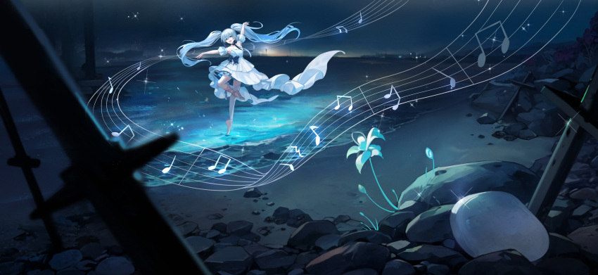 1girl 9chung :d arm_garter arm_up beach beamed_eighth_notes black_bow black_bowtie blue_eyes blue_flower blue_hair bow bowtie chinese_commentary commentary dancing dress dress_bow eighth_note floating_hair flower glint hatsune_miku highres long_hair looking_at_viewer musical_note night ocean off-shoulder_dress off_shoulder open_mouth outdoors pink_footwear pink_ribbon planted planted_sword quarter_note ribbon rock shoes single_thighhigh smile solo sparkle staff_(music) sword thighhighs twintails vocaloid weapon white_dress white_thighhighs wide_shot