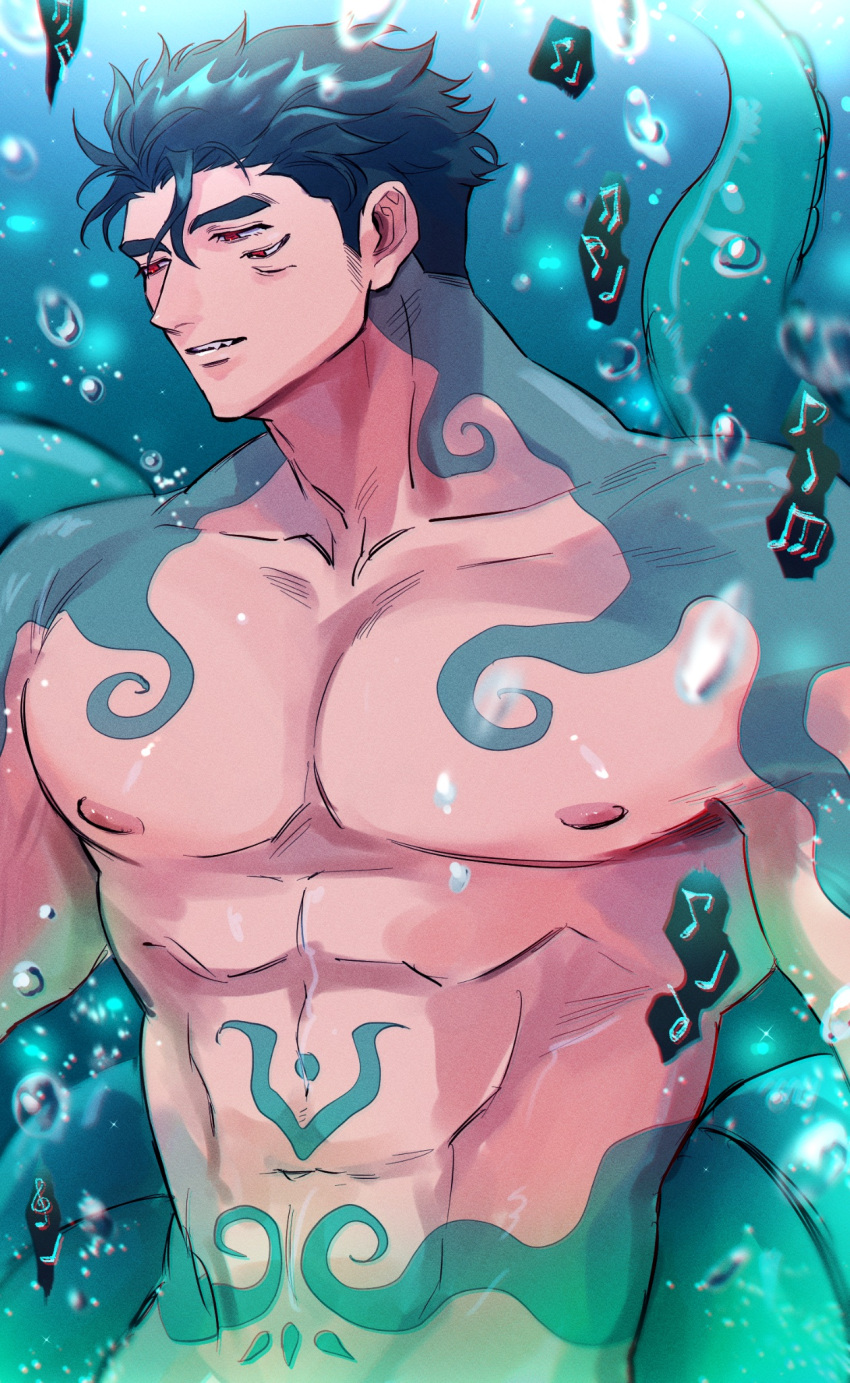 1boy abs alternate_eye_color bara chest_tattoo doku_(hitori_ox) expressionless extra_eyes fish_boy half-closed_eyes highres large_pectorals looking_ahead male_focus monsterification muscular muscular_male navel nipples nude pectorals protagonist_3_(housamo) red_eyes sideburns solo stomach tattoo tentacle_tattoo tentacles thick_eyebrows tokyo_afterschool_summoners underwater