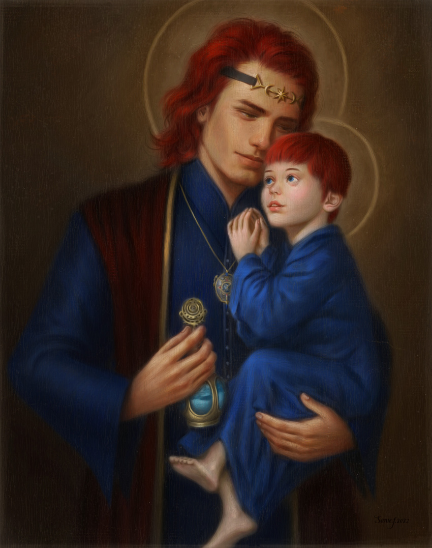 1boy 1girl absurdres barefoot blue_dress blue_eyes blue_robe brown_background carrying carrying_person commentary crescent crescent_hair_ornament diadem dress elden_ring english_commentary father_and_daughter gold_diadem gold_trim hair_ornament halo highres holding_vial jewelry king light_smile locket looking_at_another looking_up lunar_princess_ranni medium_hair parent_and_child pendant potion princess radagon_of_the_golden_order red_hair red_vest robe samevanrijn short_hair star_(symbol) star_hair_ornament steepled_fingers vest vial yellow_eyes