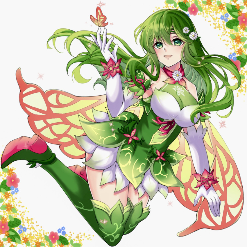 1girl boots bug butterfly butterfly_on_hand cape dress elbow_gloves fire_emblem fire_emblem:_mystery_of_the_emblem fire_emblem_heroes floating flower full_body gloves green_dress green_eyes green_footwear green_hair hair_between_eyes hair_flower hair_ornament highres long_hair official_alternate_costume open_mouth palla_(fire_emblem) palla_(resplendent)_(fire_emblem) short_dress solo tankei_fm thigh_boots white_gloves