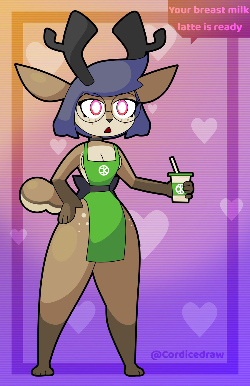 absurd_res anthro apron apron_only clothing collar cordicedraw deer eyewear female glasses hi_res i_mean_breast_milk mammal meme round_glasses solo starbucks thick_thighs