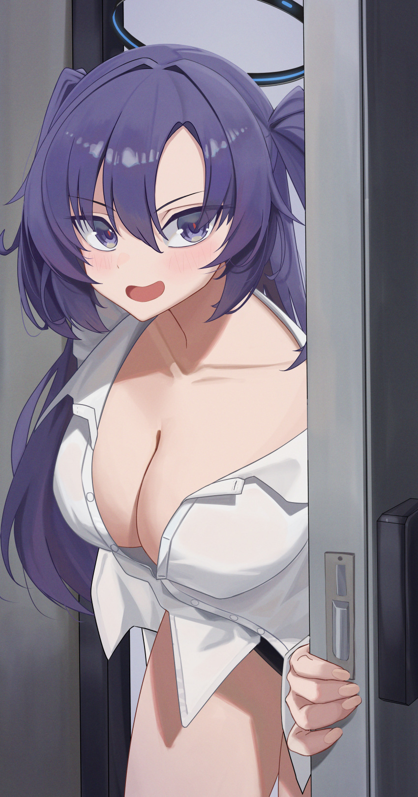 1girl absurdres alternate_costume black_panties blue_archive blush breasts cleavage collarbone door halo highres large_breasts leaning_forward long_hair looking_at_viewer mcbox panties purple_eyes purple_hair shirt solo two_side_up underwear very_long_hair white_shirt yuuka_(blue_archive)