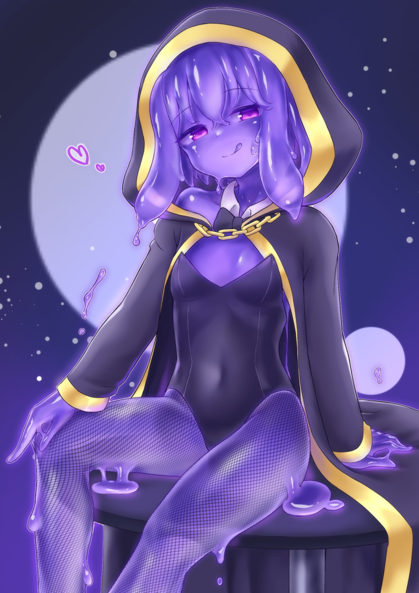 1girl black_leotard breasts closed_mouth commission covered_navel curss fishnet_pantyhose fishnets heart highres leotard licking_lips long_sleeves looking_at_viewer monster_girl original pantyhose purple_eyes purple_hair short_hair sitting skeb_commission slime_(substance) slime_girl small_breasts solo tongue tongue_out