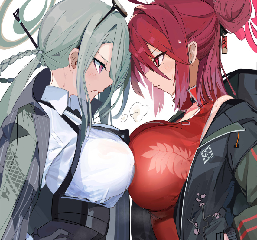 2girls absurdres blue_archive blush braided_hair_rings breast_press breasts china_dress chinese_clothes dress eye_contact eyewear_on_head facing_another green_hair hair_bun hair_ornament hair_stick halo highres jacket large_breasts letterman_jacket looking_at_another mina_(blue_archive) miyakawa106 mole mole_under_eye multiple_girls red_hair reizyo_(blue_archive) simple_background single_side_bun sunglasses sweatdrop symmetrical_docking upper_body white_background