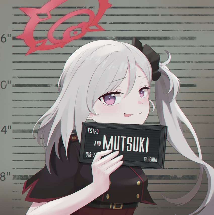 barbie_mugshot_(meme) blue_archive card character_name grey_hair hair_between_eyes hair_ornament hair_scrunchie halo height_chart height_mark highres holding holding_card holding_sign meme mesugaki mugshot mutsuki_(blue_archive) purple_eyes scrunchie side_ponytail sideways_glance sign surprised tongue tongue_out white_hair wide-eyed ziz_(pandora707)