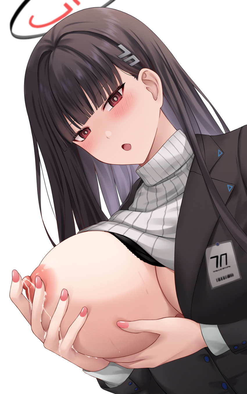 1girl absurdres black_hair black_suit blue_archive blunt_bangs blush breasts chien_zero formal hair_ornament hairclip halo highres huge_breasts lactation large_breasts long_hair long_sleeves looking_at_viewer nail_polish one_breast_out pink_nails red_eyes rio_(blue_archive) solo suit sweater turtleneck turtleneck_sweater white_sweater