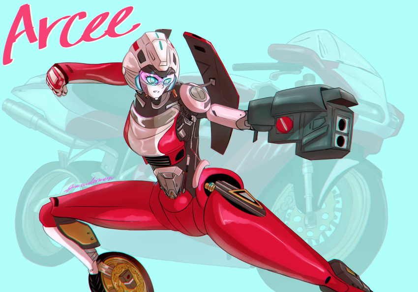 arcee armor autobot blue_eyes breasts gun helmet highres holding holding_gun holding_weapon humanoid_robot medium_breasts panties red_panties robot science_fiction soraidey1962 thighs transformers transformers:_rise_of_the_beasts transformers_(live_action) underwear weapon