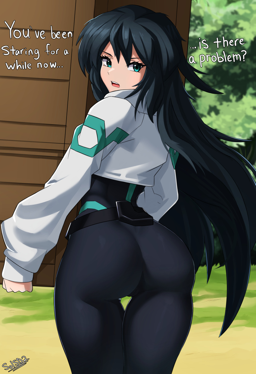 1girl absurdres aqua_eyes ass black_bodysuit black_hair blush bodysuit from_behind gundam gundam_build_divers gundam_build_divers_re:rise hammerofsolace highres impossible_bodysuit impossible_clothes long_hair looking_at_viewer looking_back may_(gundam_build_divers_re:rise) open_mouth outdoors shrug_(clothing) skin_tight solo standing very_long_hair