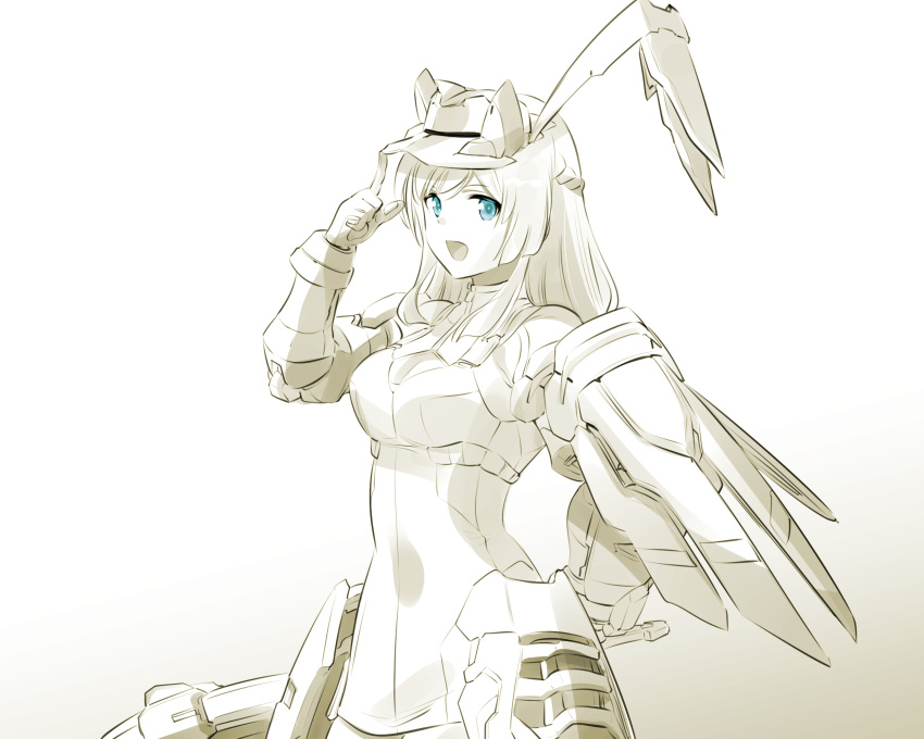 1girl alice_gear_aegis arm_behind_back blue_eyes braid breasts cleavage cleavage_cutout clenched_hand clothing_cutout commentary crown_braid dress from_side gloves highres holding ishiyumi long_hair mecha_musume medium_breasts merabuchi_kanami monochrome open_mouth pointing solo spot_color unfinished visor_cap