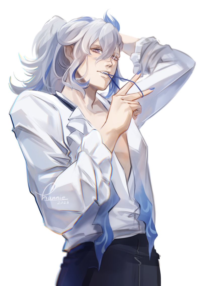 1boy bishounen cowboy_shot genshin_impact hand_up highres long_hair male_focus neuvillette_(genshin_impact) open_clothes purple_eyes shirt simple_background solo thehanniebunny v white_background white_hair white_shirt