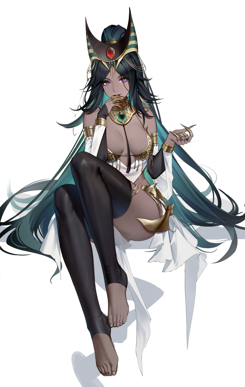 1girl absurdres aqua_hair armlet black_hair black_thighhighs bracelet breasts breasts_apart colored_inner_hair dark-skinned_female dark_skin highres jewelry long_hair looking_at_viewer multicolored_hair no_shoes path_to_nowhere purple_eyes q18607 simple_background solo stargazer_(path_to_nowhere) thighhighs two-tone_hair white_background