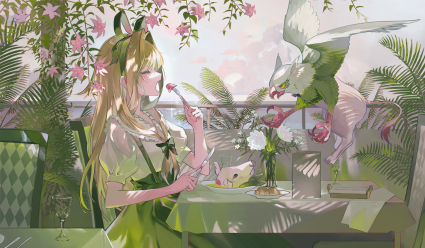 1girl alice_(alice_in_wonderland) alice_in_wonderland blonde_hair bow chair closed_eyes eating flower fork goat green_bow green_hairband green_skirt griffin hairband holding holding_fork holding_knife knife on_chair open_mouth plate sitting skirt solo suspenders table vase wakuseiy white_flower