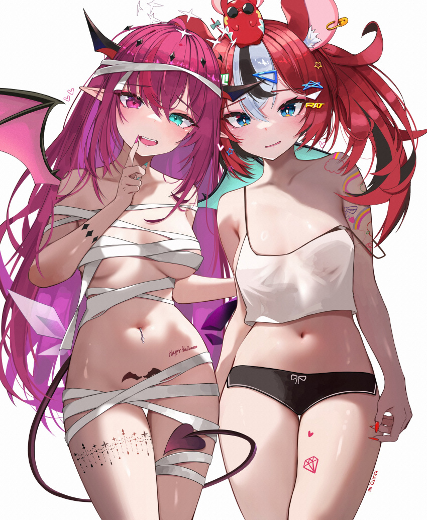 2girls absurdres alternate_costume animal_ears aqua_eyes bandages black_shorts blue_eyes breasts breasts_apart camisole cleavage cowboy_shot crop_top crystal_wings demon_tail fake_wings fingernails hair_between_eyes hakos_baelz halloween halloween_costume halo heterochromia highres hololive hololive_english horns irys_(hololive) kkato leaning_to_the_side long_fingernails long_hair looking_at_viewer medium_breasts micro_shorts midriff mouse_ears mr._squeaks_(hakos_baelz) multiple_girls nail_polish naked_bandage navel navel_piercing open_mouth piercing pointy_ears pubic_tattoo purple_eyes purple_hair red_hair shorts simple_background straight-on strap_slip tail tattoo thigh_gap twintails virtual_youtuber white_background wings