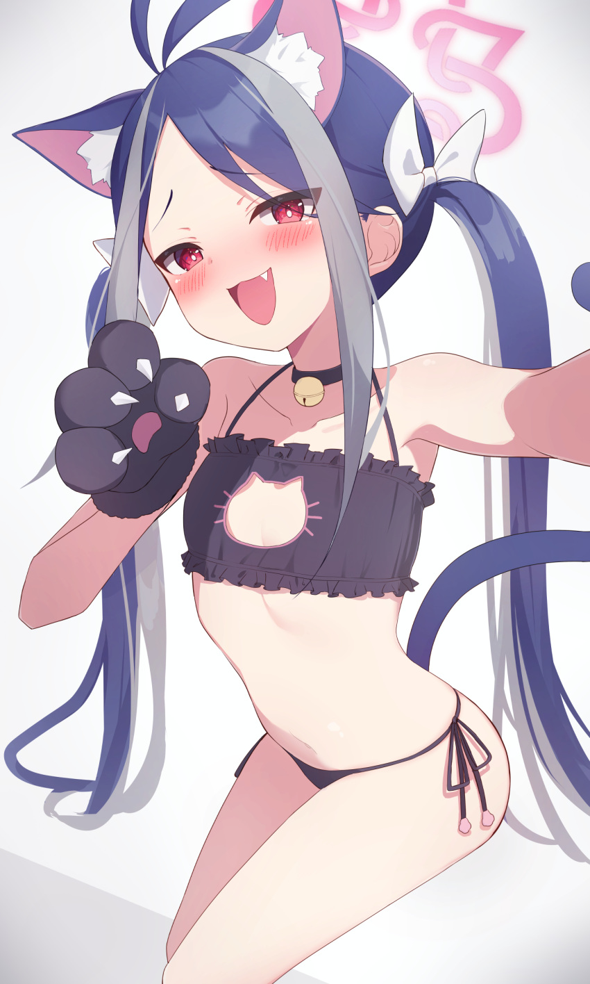 1girl :d animal_ear_fluff animal_ears animal_hands antenna_hair bitseon black_bra black_gloves black_panties blue_archive blue_hair blush bow bra cat_ears cat_lingerie cat_tail collarbone fang flat_chest fubuki_(blue_archive) gloves grey_hair hair_bow halo highres looking_at_viewer meme_attire multicolored_hair open_mouth panties paw_gloves pink_halo selfie sitting smile solo tail twintails two-tone_hair underwear white_bow