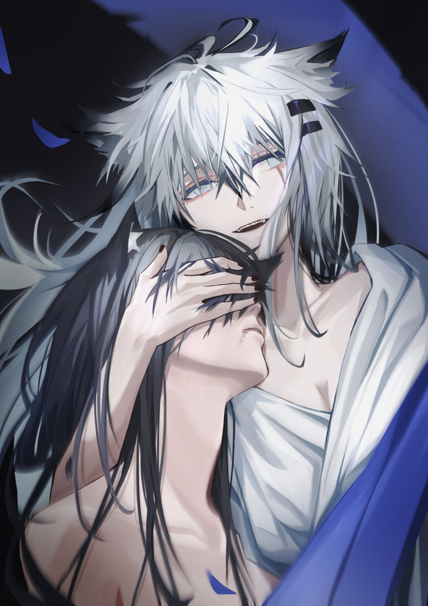 2girls arknights black_hair black_nails breasts cleavage commentary covering_another's_eyes empty_eyes grey_background grey_eyes grey_hair hair_ornament hairclip highres lappland_(arknights) long_hair multiple_girls nail_polish nude open_mouth scar scar_across_eye senkane sharp_teeth shirt sidelocks simple_background teeth texas_(arknights) upper_body white_shirt