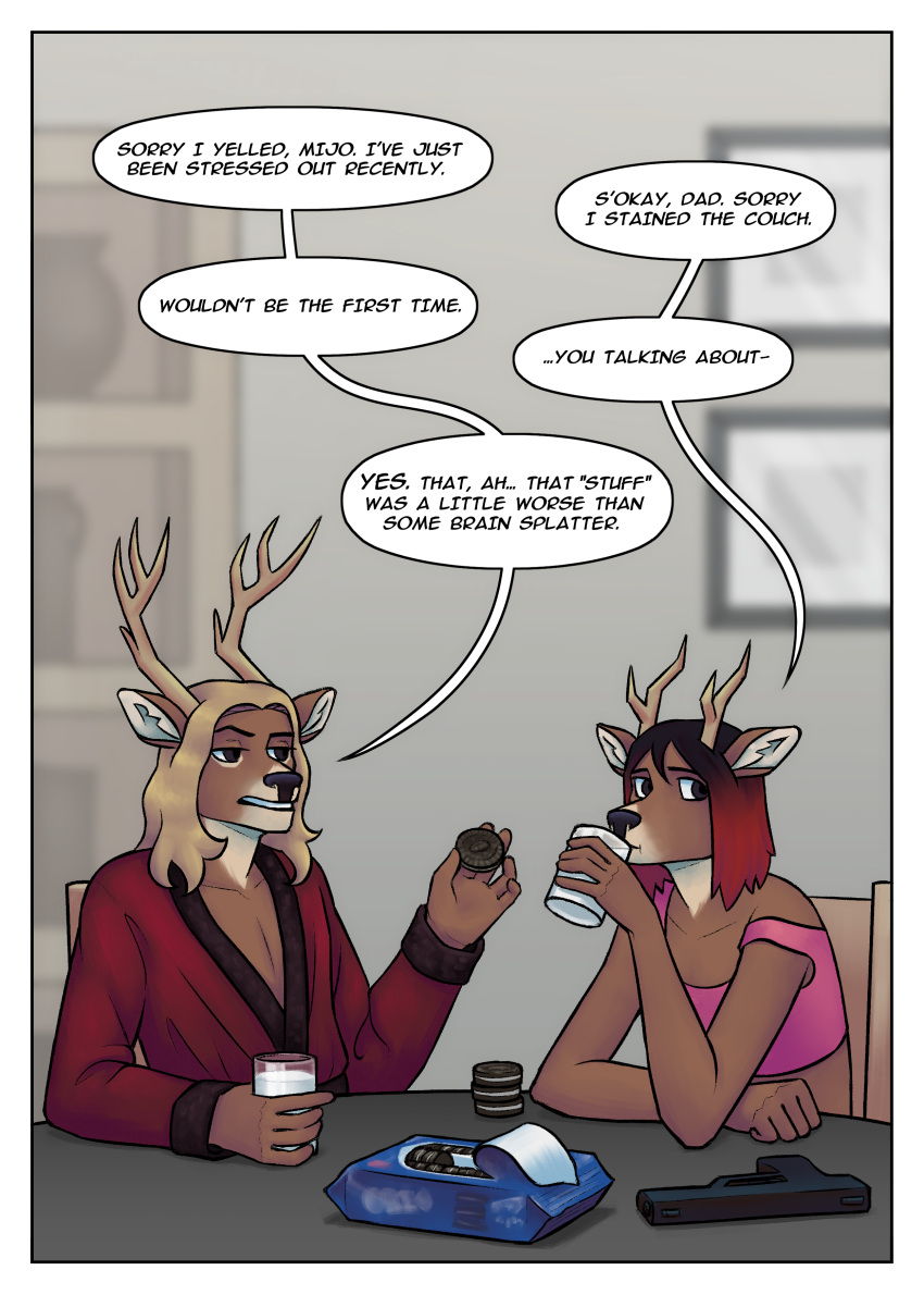 absurd_res alfredo_reyundo_(li'l_melon) anthro antlers beverage blonde_hair brown_body brown_fur clothed clothing container cookie crop_top cup david_reyundo_(li'l_melon) deer dialogue drinking duo embarrassed english_text eyebrows father_(lore) father_and_child_(lore) father_and_son_(lore) food fur girly gun hair handgun hi_res holding_food holding_object horn lawsonia leaning leaning_forward leaning_on_table long_hair looking_away male mammal mature_anthro mature_male midriff milk off_shoulder oreo_(food) parent_(lore) parent_and_child_(lore) parent_and_son_(lore) pistol raised_eyebrow ranged_weapon red_hair robe shirt son_(lore) speech_bubble strays_in_paradise text topwear weapon young young_male