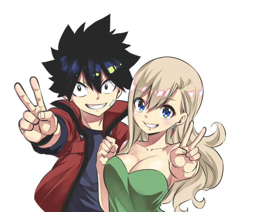 1boy 1girl bandaid bandaid_on_face black_eyes black_hair black_shirt blonde_hair blue_eyes breasts cleavage collarbone earrings eden's_zero green_shirt hair_between_eyes highres jacket jewelry long_hair looking_at_viewer mashima_hiro official_art rebecca_bluegarden red_jacket shiki_granbell shirt short_hair simple_background sleeves_rolled_up smile spiked_hair strapless strapless_shirt tube_top upper_body v white_background