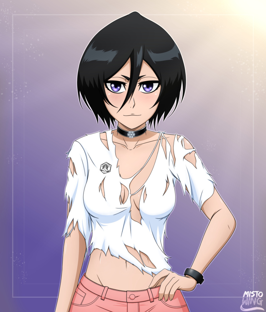 1girl black_choker black_hair bleach blue_eyes blush breasts choker closed_mouth collarbone hand_on_own_hip highres kuchiki_rukia looking_at_viewer mistowing navel no_bra pants pink_pants shirt short_hair small_breasts smile solo torn_clothes torn_shirt upper_body white_shirt