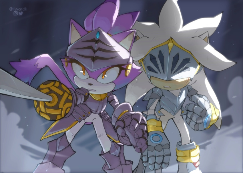 1boy 1girl animal_ears animal_nose arm_up armor artist_name blaze_the_cat blue_gemstone boots cat_ears cat_girl cat_tail eyelashes furry furry_female furry_male gem grey_armor grey_footwear hand_up hedgehog hedgehog_ears hedgehog_tail helmet highres holding holding_weapon lark3d looking_to_the_side official_alternate_costume orange_eyes pants purple_fur silver_the_hedgehog sonic_(series) sonic_and_the_black_knight standing sword tail teeth topknot weapon white_fur white_pants
